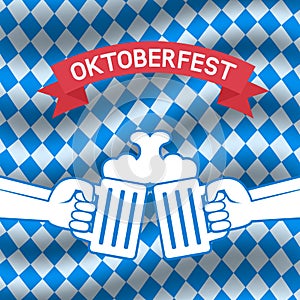 Oktoberfest beer festival poster, menu design. Hands with beer on Oktoberfest checkered background