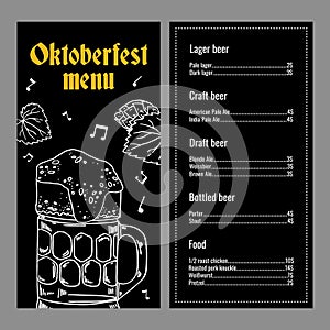 Oktoberfest beer and food menu design template. Two pages with list of drinks and dishes