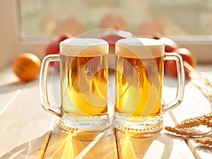 Oktoberfest beer. Glass beer mugs full of golden lager with thick frothy heads conceptual of Oktoberfest. Beer mug. Big glass of