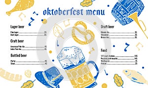 Oktoberfest beer menu design template with list of drinks. Glasses and food illustration