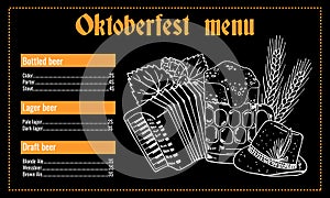 Oktoberfest beer menu design template with list of drinks. Mug, wheat, traditional hat and accordion. Hand drawn outline vector