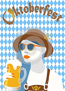 Oktoberfest blue diamond symbols poster banner with a hip woman holding a  light beer mug