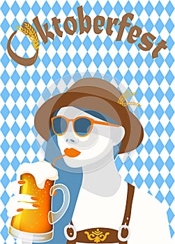 Oktoberfest blue diamond symbols poster banner with a hip woman holding a  light beer mug