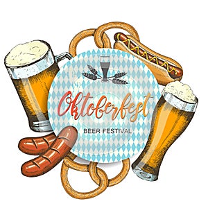 Oktoberfest celebration background. Hand drawn beer, pretzel, sausage and hod dog. Hand made lettering. Sketch. Oktoberfest design