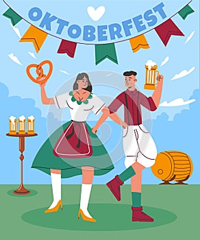 Oktoberfest characters poster. Funny dancing Bavarian couple in national costumes. German beer festival. Traditional