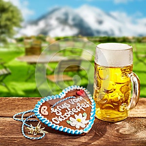 Oktoberfest concept with ginger heart and beer photo