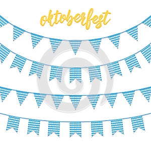 Oktoberfest decorations. Buntings for Oktoberfest. Garland buntings of Bavarian checkered blue flag, and hand lettering