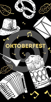 Oktoberfest design template with traditional objects, beer, music instruments, pretzel