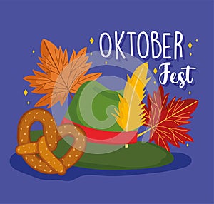 Oktoberfest festival, green hat with feather pretzel and autunm leaves, celebration germany traditional
