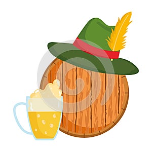 Oktoberfest festival, green hat with feather on wooden barrel, celebration germany traditional