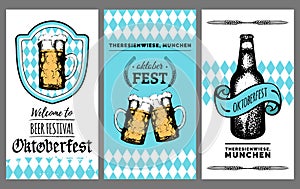 Oktoberfest flyer. Vector beer festival poster. Brewery label or badge with vintage hand sketched glass mug and bottle