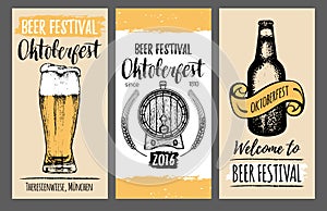 Oktoberfest flyers. Beer festival cards with hand sketched glass, barrel, bottle. Vector brewery posters. Wiesn symbols.