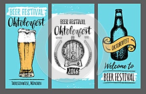 Oktoberfest flyers. Beer festival cards with hand sketched glass, barrel, bottle. Vector brewery posters. Wiesn symbols.