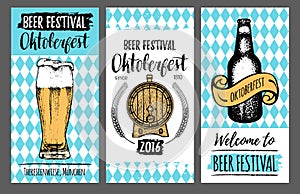 Oktoberfest flyers. Beer festival cards with hand sketched glass, barrel, bottle. Vector brewery posters. Wiesn symbols.
