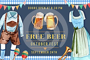 Oktoberfest frame design with trachten outfit and beer watercolor isolated illustration