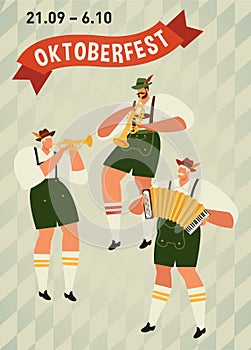 Oktoberfest. Funny cartoon characters in Bavarian folk costumes of Bavaria celebrate and have fun at Oktoberfest beer