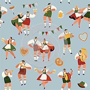 Oktoberfest. Funny cartoon characters in Bavarian folk costumes of Bavaria celebrate and have fun at Oktoberfest beer