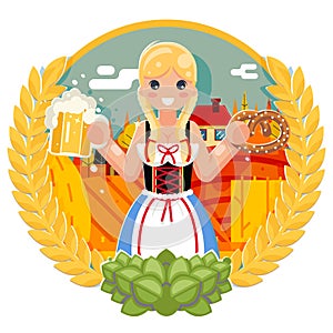 Oktoberfest girl with beer mug pretzel poster festival celebration field bacground flat design vector illustration