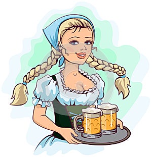Oktoberfest girl waitress holds tray of beer