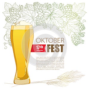 Oktoberfest greeting poster with beer glass, Hops and barley ears on white. Outline hops, barley for beerfest Oktoberfest