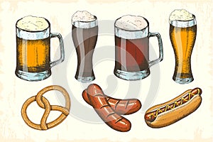 Oktoberfest hand drawn colored objects set. Sausage, pretzel, hot dog, different kind of beer. Oktoberfest sketch. Illustration