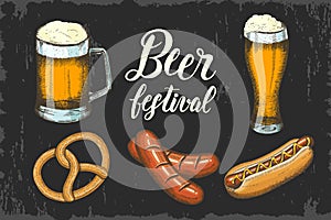 Oktoberfest hand drawn colored objects set. Sausage, pretzel, hot dog, different kind of beer. Oktoberfest sketch. Illustration