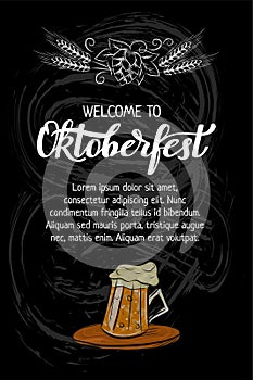 Oktoberfest hand drawn lettering and outline mug of beer and bottle poster, banner, invitation, promo. Chalk art on blackboard bac