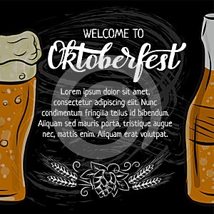 Oktoberfest hand drawn lettering and outline mug of beer for poster, banner, invitation, promo. Chalk art on blackboard background