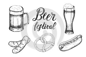 Oktoberfest hand drawn objects set. Sausage, pretzel, hot dog, different kind of beer. Oktoberfest sketch. Illustration for menu,