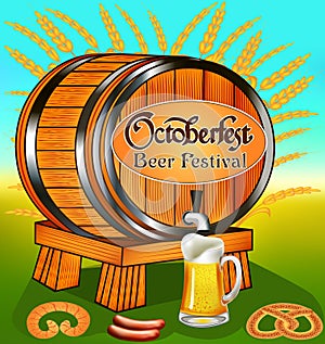 Oktoberfest holiday poster illustration with barrel and mug of beer and spikelets, pretzels  sausages