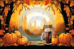 Oktoberfest horizontal banner. Oktober fest autumn template with beer mug, with pumpkins. Beer festival. AI Generated