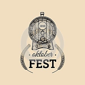 Oktoberfest label. Beer festival sign with hand sketched wooden barrel. Vector vintage brewery badge. Wiesn symbol