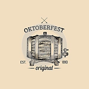 Oktoberfest label. Beer festival sign with hand sketched wooden barrel. Vector vintage brewery badge. Wiesn symbol