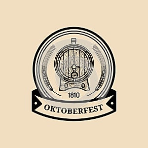 Oktoberfest label. Beer festival sign with hand sketched wooden barrel. Vector vintage brewery badge. Wiesn symbol