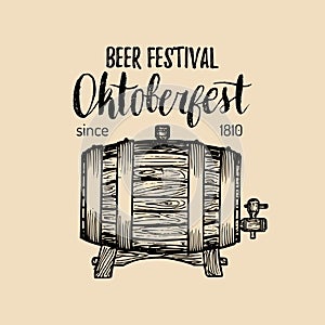 Oktoberfest label. Beer festival sign with hand sketched wooden barrel. Vector vintage brewery badge. Wiesn symbol