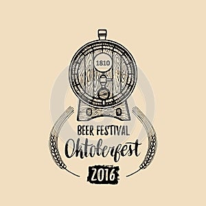 Oktoberfest label. Beer festival sign with hand sketched wooden barrel. Vector vintage brewery badge. Wiesn symbol