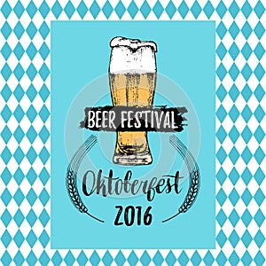 Oktoberfest label. Vector beer festival flyer, poster. Brewery badge with vintage hand sketched glass mug.