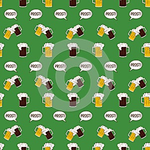 Oktoberfest lager and black beer mugs and prost bubble speech seamless pattern