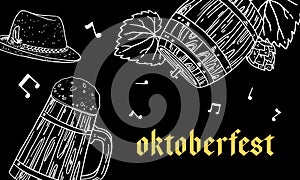 Oktoberfest landscape design template. Beer mug and barrel, traditional German hat