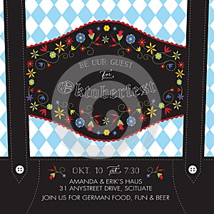 Oktoberfest Lederhosen Invite Template with Baverian Flowers and German Flag Background