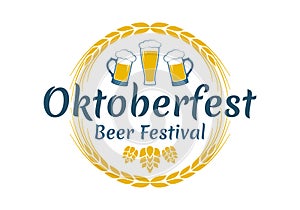 Oktoberfest lettering label. Beer festival round badge, icon or logo with mug, glass, wheat wreath and hop.