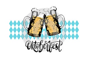 Oktoberfest,lettering on on rombic pattern background.Vector beer festival poster with vintage hand sketched glass mugs.