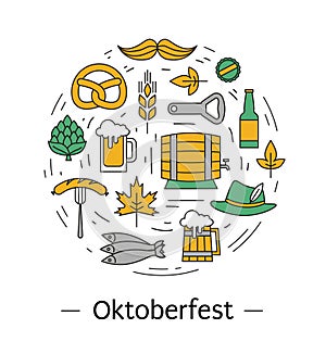 Oktoberfest line flat icons of barrel, leaf, hat, mug and others. German traditional beer festival symbols isolated on white