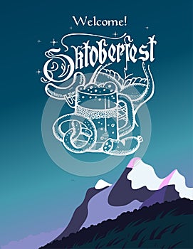 Oktoberfest. Logo, poster. Mug of beer pretzel hand drawn dirndl