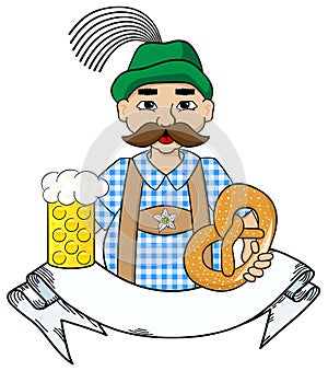 Oktoberfest man with beer, pretzel and banner