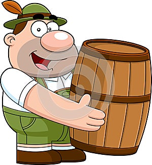Oktoberfest Man Cartoon Character In Traditional Bavarian Clothes Carrying Wooden Barell With Beer