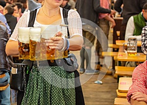 Oktoberfest, Munich, Germany. Waiter with traditional costume holding beers