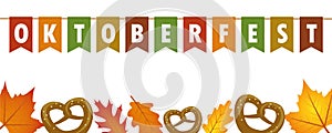 Oktoberfest party flags banner with autumn leaves and pretzel