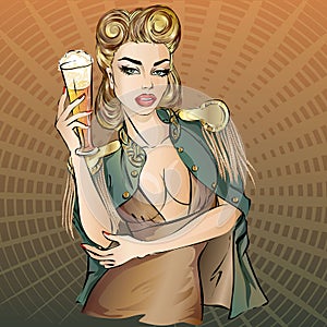 Oktoberfest pin-up woman with beer. Oktoberfest logo, banner, hand drawn  illustration background