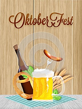 Oktoberfest poster or banner design, beer mug, bottle, sausage,